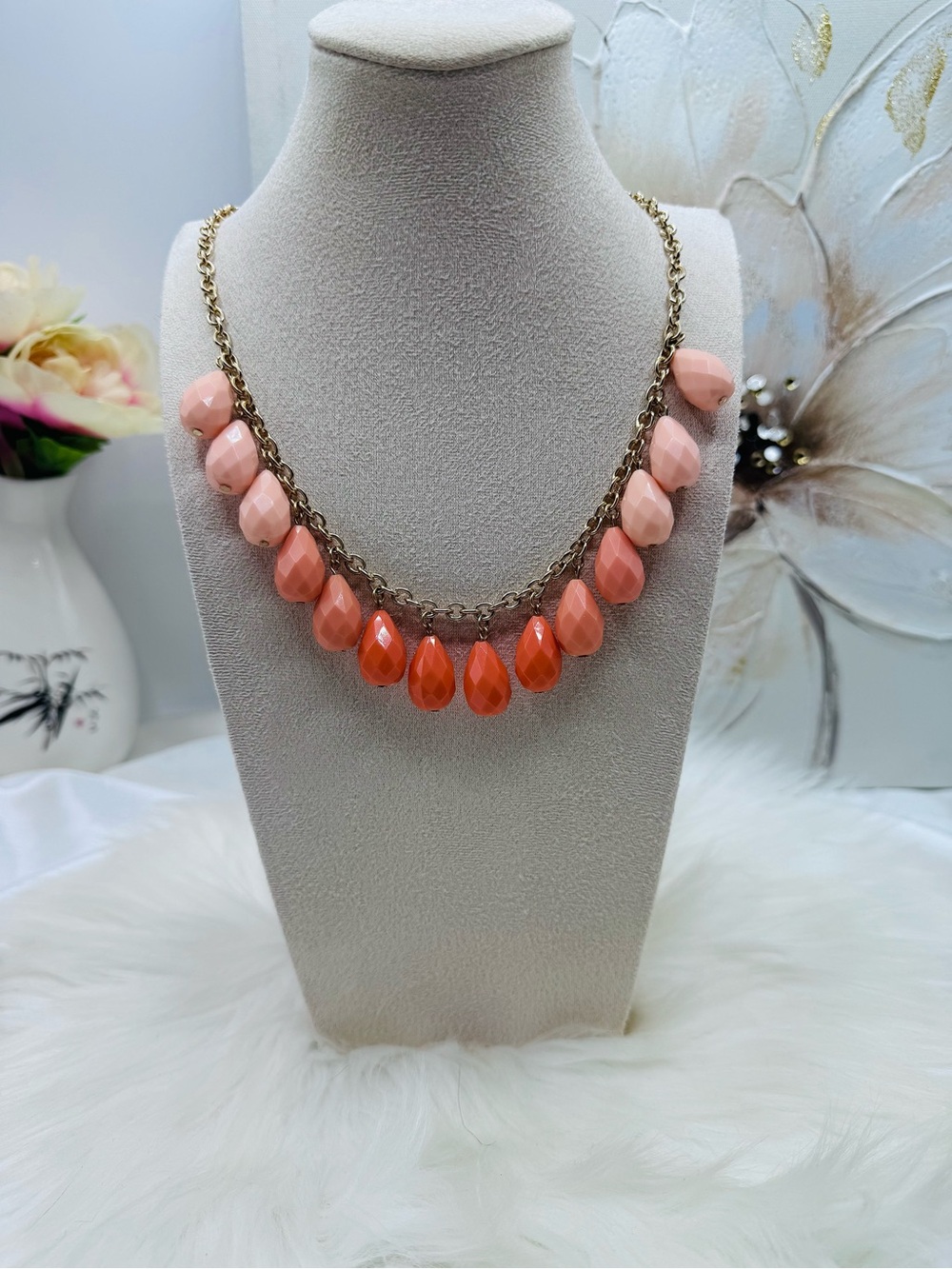 Coral & Blush Ombre Statement Bib Necklace | Gold Tone Chain | Adjustable